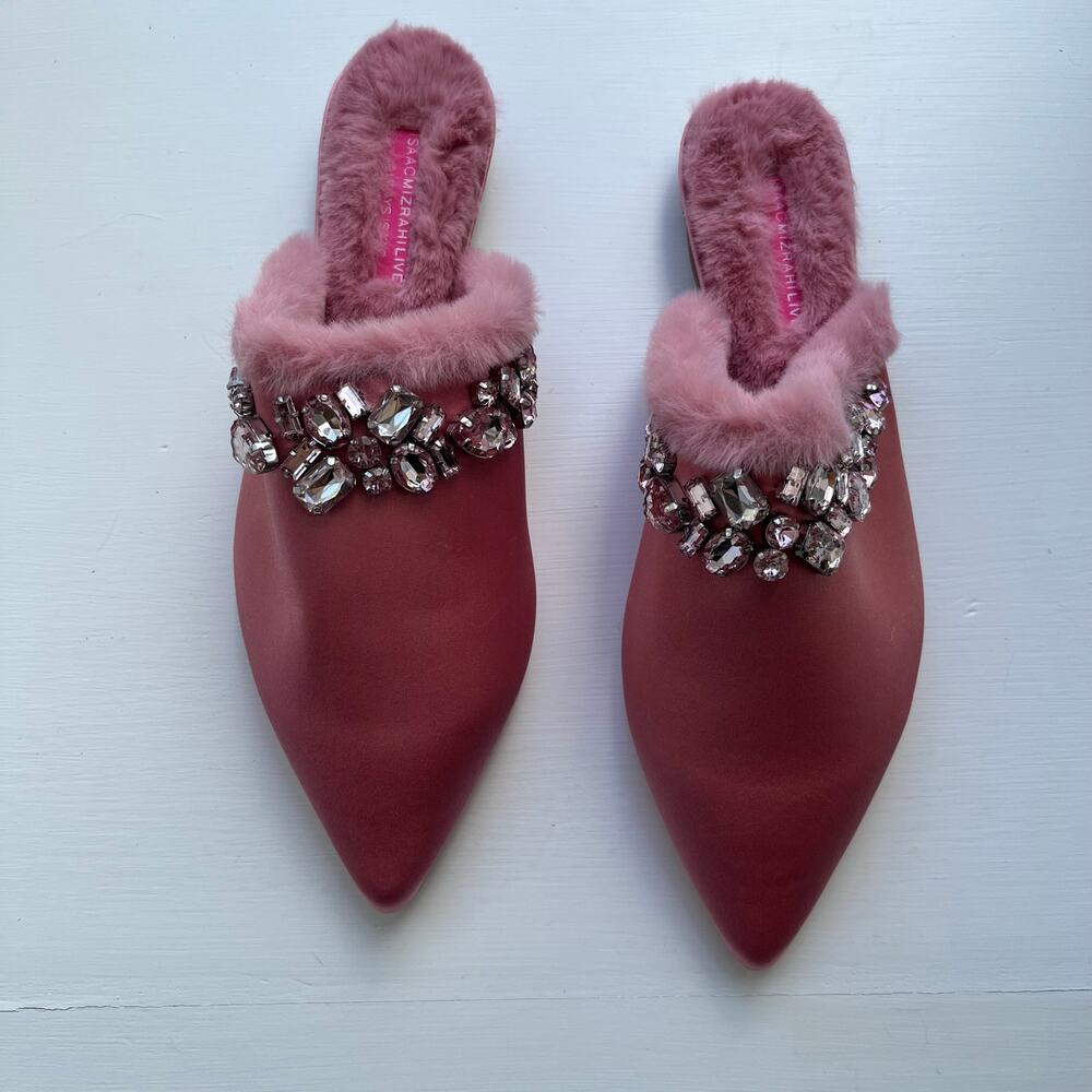 Isaac Mizrahi Live! Embellished Mule Pink 6.5 M Rhinestone Rimmed Faux Fur - Picture 3 of 9